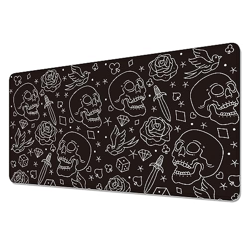 Skull Head with Rose Desk Mat,Large Gaming Mouse Pad,Non-Slip Rubber Base Mousepad with Stitched Edges,Waterproof Mouse Mat Desk Pad for Work, Game, Office (31.5x15.7 in) - Skull Head With Rose