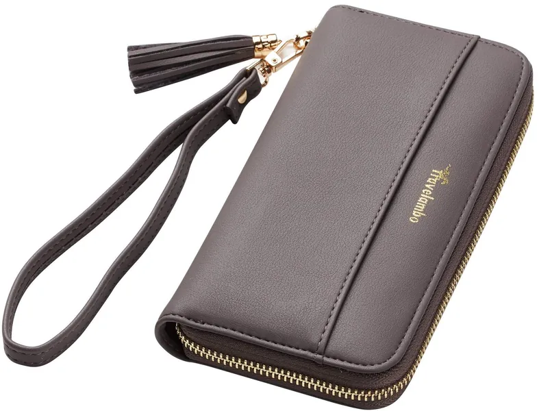 Travelambo Womens Wallet Tassel Bifold Ladies Cluth Wristlet Wrist strap Long Purse - Access Grey Light