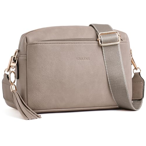 Roulens Triple Zip Small Crossbody Bag for women,Wide Strap Cell Phone Purse Shoulder Handbag Wallet with Credit Card Slots - C-retro Gray