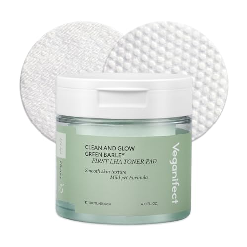 Veganifect Clean and Glow Toner Pad with LHA, Daily Exfoliating, Refining pores & Hydrating for Dry, Sensitive, Acne-Prone Skin and Detoxify, Vegan Certified, 60 Count