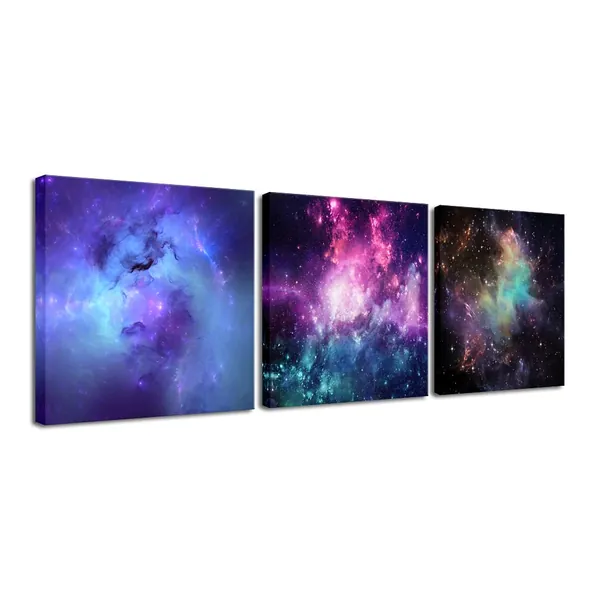 Pyradecor Fantastic Outer Space Canvas Prints Wall Art Blue Purple Nebula Galaxy Stars Pictures Canvas Artwork for Bedroom Home Office Decorations - 12x12inchx3pcs (30x30cmx3pcs)