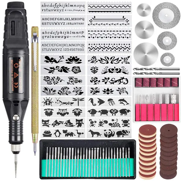 Uolor 108 Pcs Engraving Tool Kit, Multi-Functional Electric Corded Micro Engraver Etching Pen DIY Rotary Tool for Jewelry Glass Wood Ceramic Metal Plastic with Scriber, 82 Accessories and 24 Stencils - Black