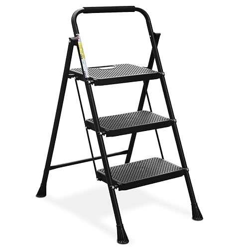HBTower 3 Step Ladder, Folding Step Stool with Wide Anti-Slip Pedal, Sturdy Steel Ladder, Convenient Handrail, Lightweight, Portable Steel Step Stool