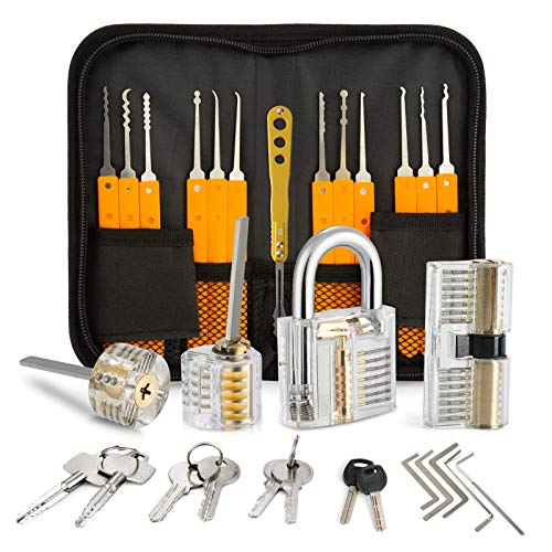 EVENTRONIC Lock Picking Set, 32-Piece Lock Pick Set with 4 Transparent Training Locks and Manual and Zip Case for Lockpicking, Extractor Tool for Beginner and Locksmith Training(Orange) - 32+4