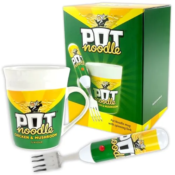 Kimm & Miller Pot Noodle Spinning Fork & Mug Gift Set - Funny Novelty Gifts for Men, Women, Teens & Students - Chicken and Mushroom Design - Chicken & Mushroom