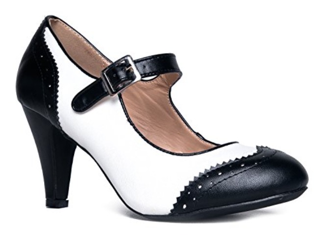 J. Adams Mary Jane Oxford Pumps - Cute Low Kitten Heels - Retro Round Toe Shoe with Ankle Strap - Kym - 5.5 - Black and White Vegan Leather