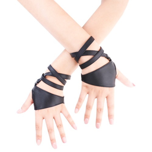 JISEN Women Half Palm Fingerless PU Leather Night Bar Band Up Punk Gloves - Black