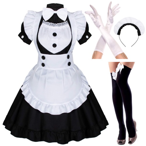 Japanese Anime Sissy Maid Dress Cosplay Sweet Classic Lolita Fancy Apron with Socks Gloves Set - X-Large Type2 Black