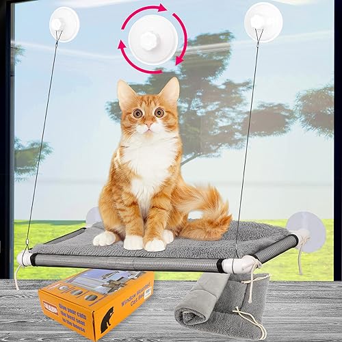 ZALALOVA Cat Window Perch, Cat Window Seat Large Sturdy Cat Bed Fleece Blanket 2025 Latest Screw Suction Cups Cat Resting with Blanket(Grey) - Grey