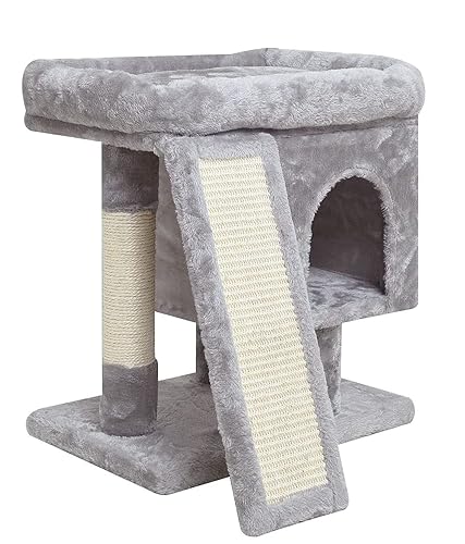 SYANDLVY Small Cat Tree for Indoor Cats, Cat Tower with Scratching Post, Modern Activity House for Large Cats, Condo with Board, Kittens Cave (Light Grey) - Light Grey