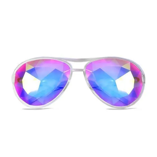 Aviator Style Kaleidoscope Glasses - Clear | Silver Box Chain
