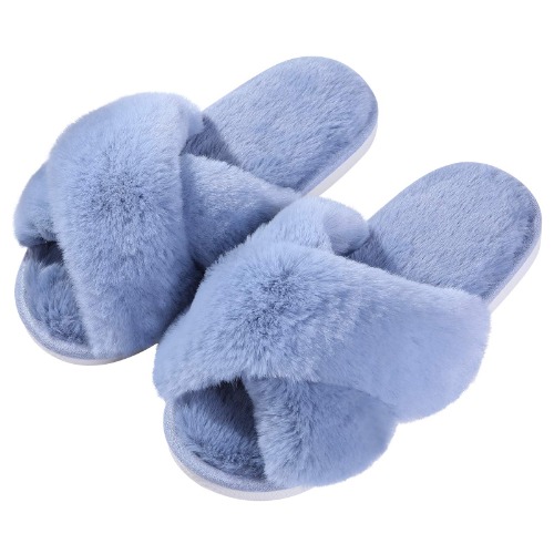 Evshine Women's Fuzzy Slippers Cross Band Memory Foam House Slippers Open Toe - 8.5-9.5 Blue