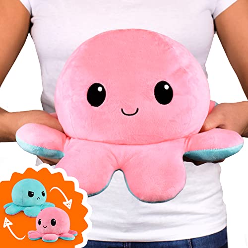 TeeTurtle | The Original Reversible Big Octopus Plushie | Patented Design | Pink + Blue | Happy + Angry | Show Your Mood Without Saying a Word! - Pink + Blue Octopus