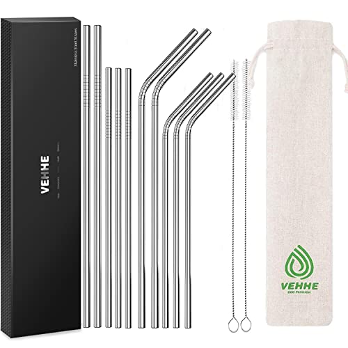 VEHHE Reusable Metal Straws,10Pcs 10.5" Stainless Steel Drinking Straws with Case and Cleaning Brush for 20/30 Oz for Yeti RTIC SIC Ozark Trail Tumblers (5 Straight|5 Bent|2 Brush) - Silver