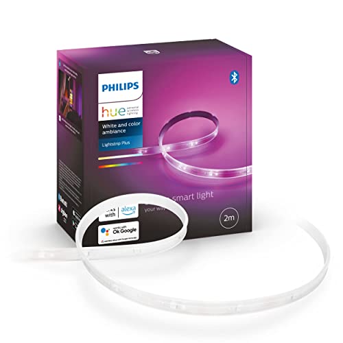Philips Hue White & Color Ambiance Indoor LightStrips+ 2m, V4, base connectique, compatible Bluetooth, fonctionne avec Alexa, Google Assistant et Apple Homekit - Unique - Moderne