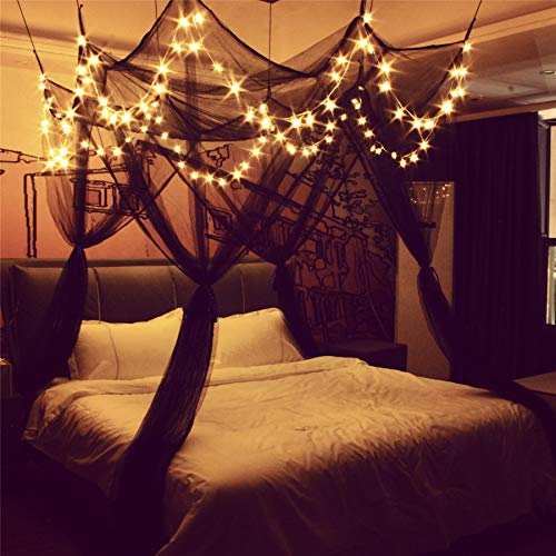 8 Corner Bed Canopy with 100 LED Star String Lights Battery Operated, Bed Netting Unique Style 4 Door Square Canopy Bed Curtains Canopy - Suggested for Twin Full Queen King Bed - Light Black