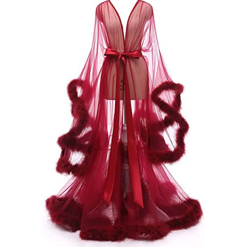 Sexy See-through Feather Robe Lace Night Robe 