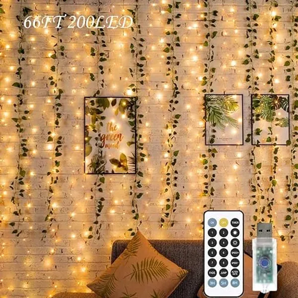 Twinkle Fairy Lights Indoor,66ft 200LED String Lights with USB Plug in,Decorative Lights for Boho Aesthetic, Room Decor Teen Girls, Christmas Tree Wedding Party Bedroom Lights, Warm White - 66FT Lights