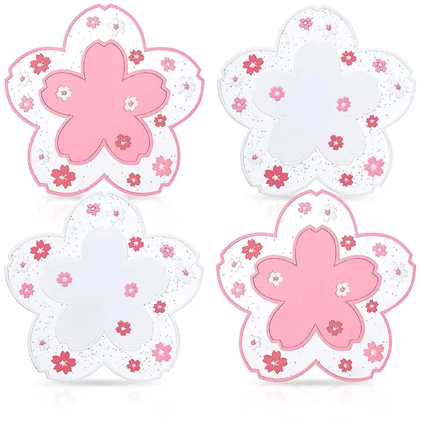 Cherry Blossom Cup Coasters 4 PCS Silicone Coasters Pink Sakura Coaster Kawaii Cup Cute Coasters for Desk Drink Table Decor Coffee Room Mat Durable Anti Slip for Placemat Kitchen Accessories Set of 4