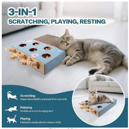 PAWISE Interactive Cat Play Scratch, 3-in-1 Whack-A-Mole Puzzle Toy