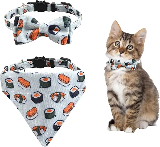 Bow Tie Cat Collar Bandana, 2 PCS Adjustable Bowtie Cat Collar Bandana with Bells Breakaway