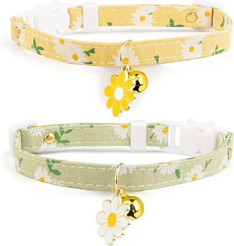2 Pack Cotton Breakaway Cat Collar with Bell Yellow&Green Flowers Pendant Cute