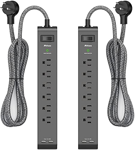 12FT Long Power Strip Surge Protector - with 6 Outlets 2 USB Ports, Heavy-Duty Braided Extension Cord, Flat Plug, 900 Joules, 15A Circuit Breaker, Wall Mount for Home Office (2 Pack) - 12 FT - 2 USB