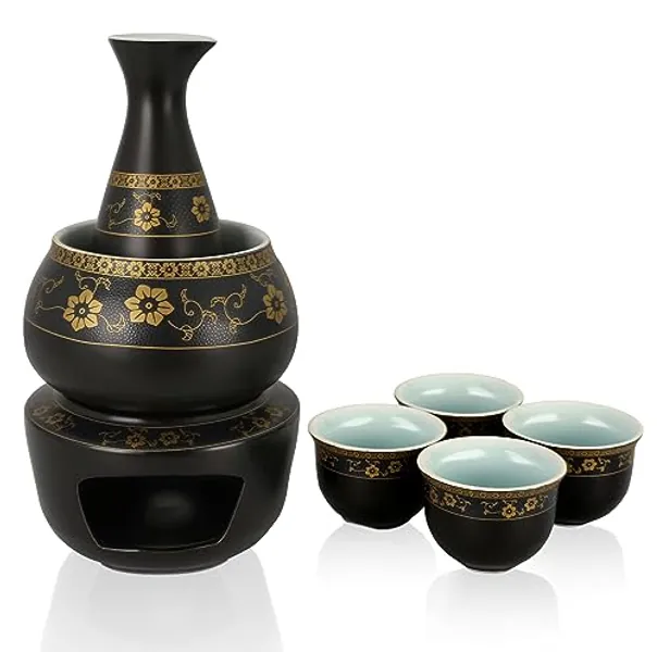 PUNNIO Janpanese Sake Set with Wamer, Ceramic 7pcs Sake Set with 1 Sake Carafe 4 Sake Cups 1 Sake Warmer 1 Candle Stove (Black) - Black