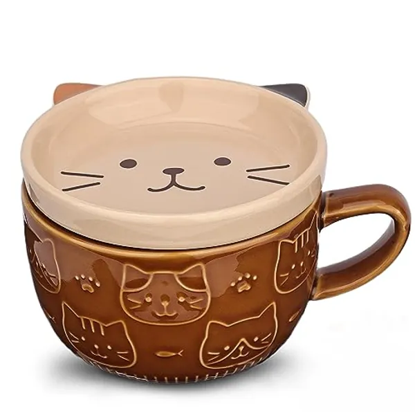 Cute Ceramic Cat Coffee Mug with Lid,Kawaii Coffee Mugs or Tea Cups for Cat Lovers,Funny Novelty Cat Breakfast Mugs for Women Wife Mum Girls Boys Friends Kids Christmas Birthday Gift,300ML（Brown）