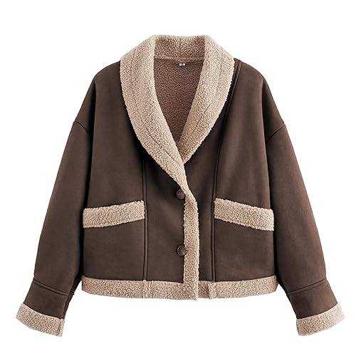 Hixiaohe Womens Fall Jackets Faux Suede Coats Sherpa Lined Outerwear Casual Fashion Button Down Lapel Overcoat Warm Clothes - Chestnut - X-Small