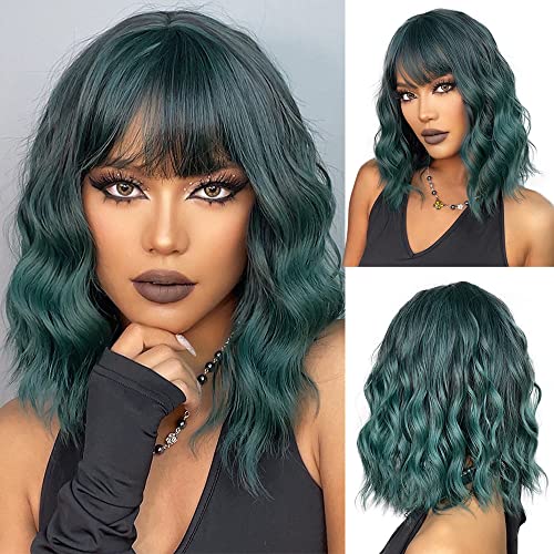 Esmee Short Wave Green Bob Wigs With Fringe Shoulder Length Ombre Wig Curly Wavy Synthetic Cosplay Wigs for Women 14 Inches - Green
