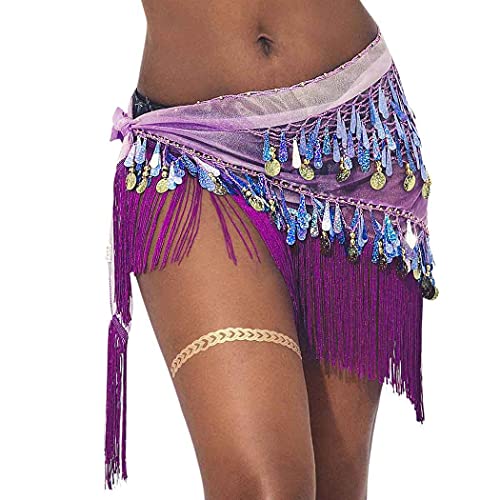 Victray Women's Dance Skirts Belly Hip Skirt Tassel Sequins Hip Scarf Beach Hip Wrap Party Costume - 40 Short - Purple