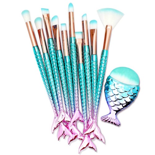 11PCS Makeup Brushes Set with Colorful Fish Tail Handle, Foundation Eyebrow Eyeliner Blush Cosmetic Concealer Brushes Women Girl Cute Make Up Tool Set