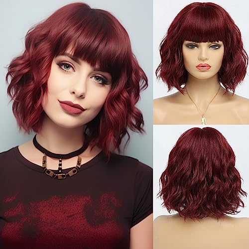 BESTUNG Short Burgundy Wigs for Women Wine Red Wavy Wig with Bangs,Dark Red Bob Wig Synthetic Hair Water Wave Medium Length Colorful Wigs（12 Inches） - Burgundy Red