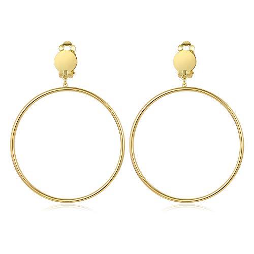 BIRSTONE Clip on 2 Inch Large Big Hoop Minimalist Earrings - gold