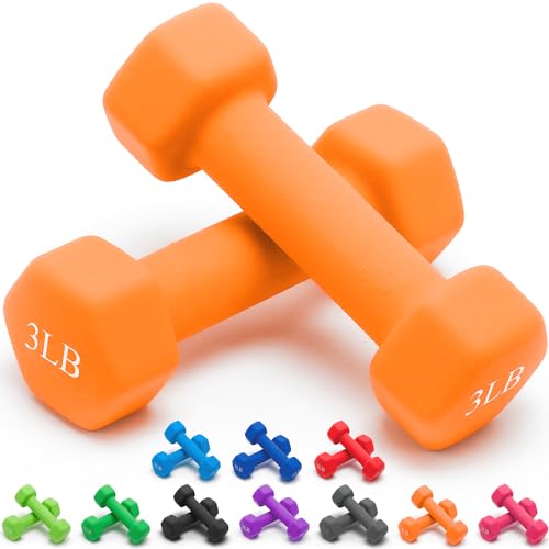 Portzon Weights Dumbbells 10 Colors Options Compatible with Set of 2 Neoprene Dumbbells Set,1-15 LB, Anti-Slip, Anti-roll, Hex Shape - Orange - 03-Pound, Pair
