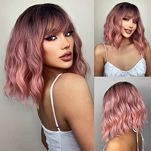 Ombre Pink Bob Wig for Women,Gradient Wavy Wig with Bangs, Short Wave Curly Wigs 14Inch Synthetic Shoulder Length Wig,Heat Resistant Synthetic Party Costume Cosplay Wig for Girls Daily Wear Colorful Wigs… - Ombre Pink