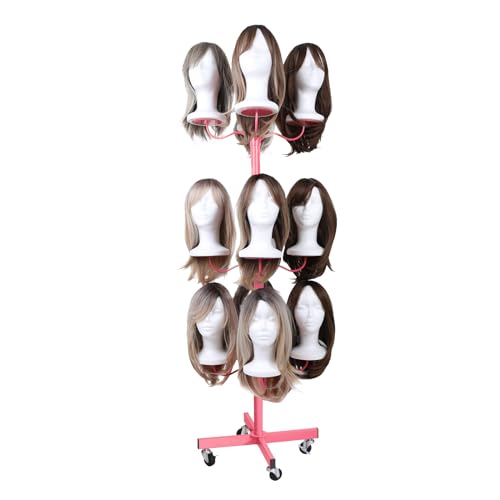 Lhysn Wig Holder Head For 12-Head Wig Stand For Styling Wig Storage For Multiple Wigs Display Mannequin Head Stand Tripod Metal Wig Organizer Storage Rack Pink-Patent Protected
