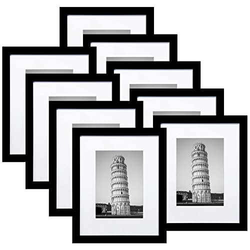 Wiscet 8x10 Picture Frame Set of 9, Display Pictures 5x7 with Mat or 8 x 10 Without Mat, Photo Frame for Wall Mounting or Tabletop, Black - Black - 8x10