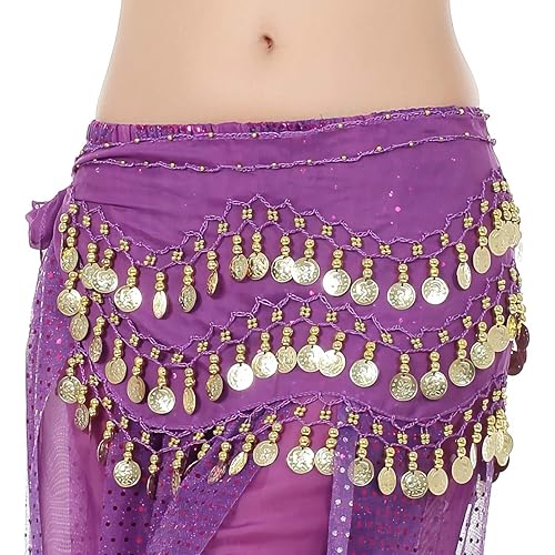 WAYDA Hip Scarf for Belly Dancing, Women's Belly Dance Scarf with 128 Gold Coins Skirts for Bellydance, Zumba or Yoga Class - 57.08*9.45 inches - Purple