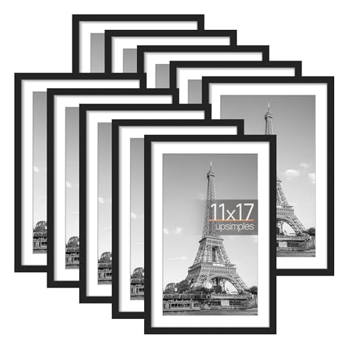 upsimples 11 Pack 11x17 Picture Frame, Display Pictures 9x15 with Mat or 11x17 Without Mat, Wall Hanging Photo Frame, Black