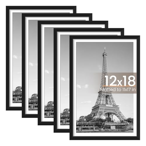 upsimples 12x18 Picture Frame Set of 5, Display Pictures 11x17 with Mat or 12x18 Without Mat, Wall Gallery Photo Frames, Black - Black - 12x18