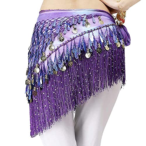 Belly Dance Hip Scarf with Tassels Sequins, Triangle Coins Wrap Skirt Music Festival Clothing - One Size - Purple