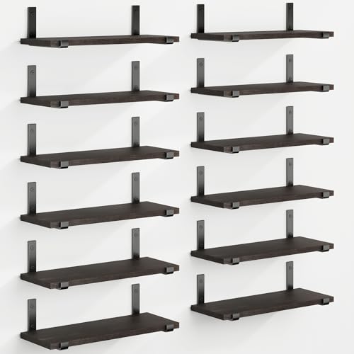 Fixwal Floating Shelves, Rustic Wood Wall Shelves Set of 12, Farmhouse Wall Decor for Bedroom, Bathroom, Living Room and Kitchen(Dark Carbonized Black) - Dark Carbonized Black