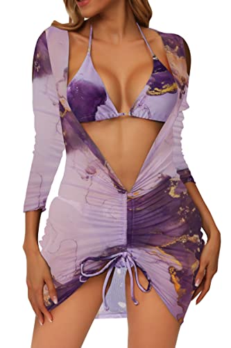 Womens 3 Pieces Bikini Sets Triangle Halter Swimsuits Thong Bottoms with Mesh Swim Cover Up Dress Tie Dye Bathing Suits - Purple Gold - Medium