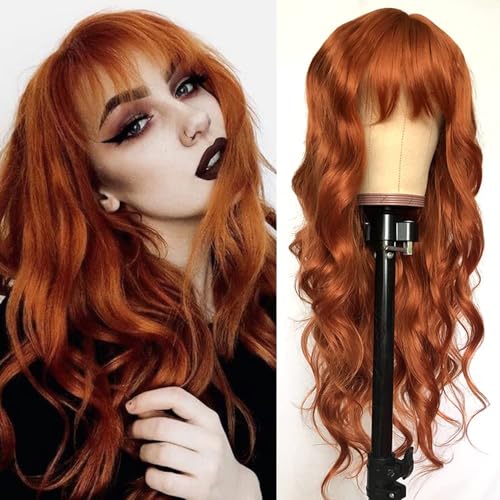 QD-Tizer Ginger Orange Color Loose Wave Hair Replacement Wigs for Fashion Women Heat Resistant Synthetic No Lace Wigs with Full Bangs - B-Ginger orange