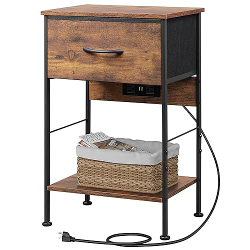 WLIVE Night Stand with Charging Station, Small Nightstand with Fabric Drawer and Open Shelf, 25" H Bedside Table for Bedroom, 2-Tier Storage End Tables, Dresser for Dorm, Entryway, Rustic Brown - 1 Piece - with Charging Station - Rustic Brown Wood Grain Print