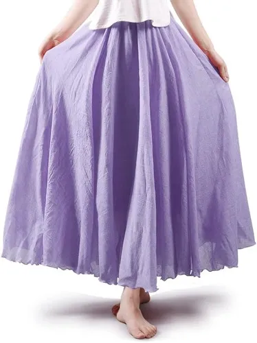ASHER FASHION Women's Bohemian Style Elastic Waist Band Cotton Linen Long Maxi Skirt Dress Waist 23.0"-35.0" - Violet Small