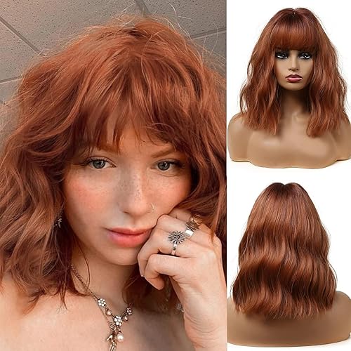 Esmee 14 Inches Short Auburn Wig with Bangs for Women Natural Synthetic Hair Ombre Wig with Dark Roots Loose Wavy Wigs for Cosplay Daily Party Wear - Auburn Bob Wig