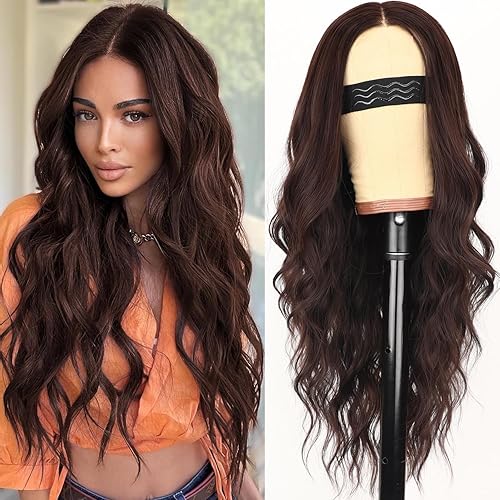 AISI HAIR Brown Wig for Women, Long Wavy Lace Hairline Middle Part Synthetic Heat Resistant Wig for Daily Party-26 Inch - Brown